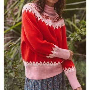 Trovata Pink & Red Fair Isle Mock Neck Sweater